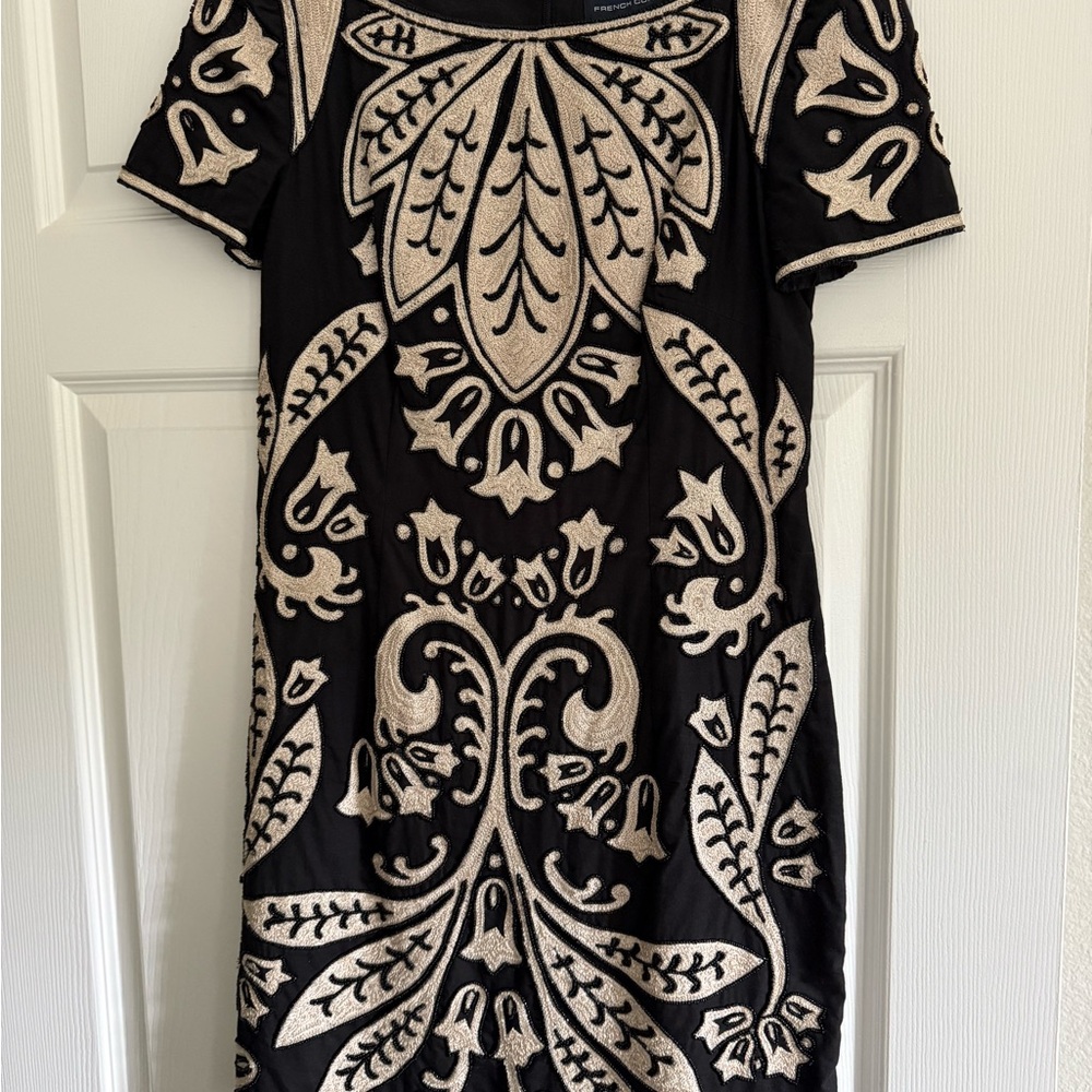 French Connection Black and White Cocktail Sheath Embroidered Beaded Dress